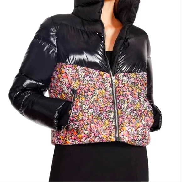 Steve Madden Ariana Short Floral & Black Puffer Jacket With Chrome Zipper -Small - Picture 3 of 14